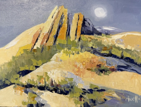 High Sierra Moon, oil on panel, 9 × 12 — a painting by Penny Otwell of a full moon over granite spires and a dry golden meadow in the high country.