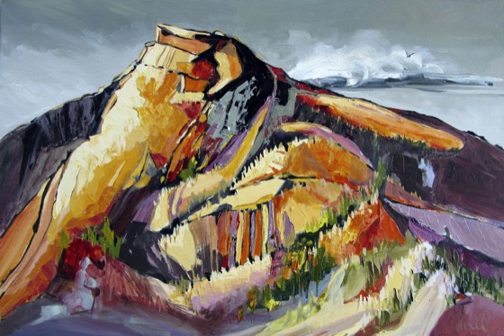 Messages in Stone, Tenaya Peak, acrylic on canvas, 24 × 36 — a painting by Penny Otwell of Tenaya Peak's granite flank in bold orange, blue and violet strokes, a cloud bank behind.