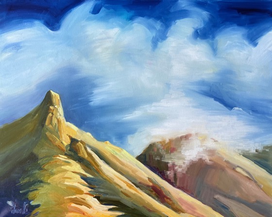 Reach to the Sky, Mt. Dana, oil on canvas, 24 × 30 × 1.5 — a painting by Penny Otwell of Mount Dana's sunlit ridge rising into a swirling blue and white sky.