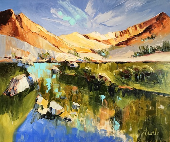 Reflection Description, High Sierra, oil, 20 × 24 — a painting by Penny Otwell of tan granite peaks reflected in a still alpine tarn, evening light on the ridges.