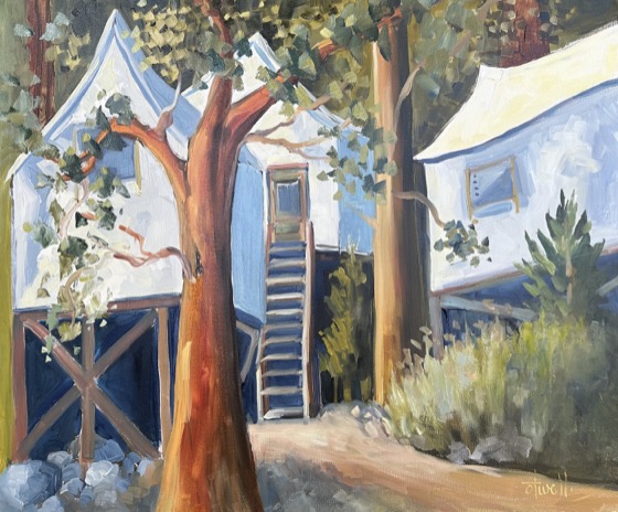 The Terrace, Camp Curry, oil on linen, 20 × 24 × 1.5 — a painting by Penny Otwell of white tent cabins and a wooden staircase under cedars at Camp Curry.