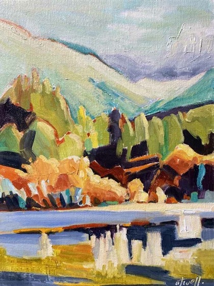 Tuolumne River, oil, 16 × 12 — a painting by Penny Otwell of the Tuolumne River threading a fall-coloured meadow below hazy peaks.
