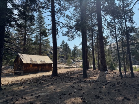 The shingled workshop under the pines, granite slabs behind.